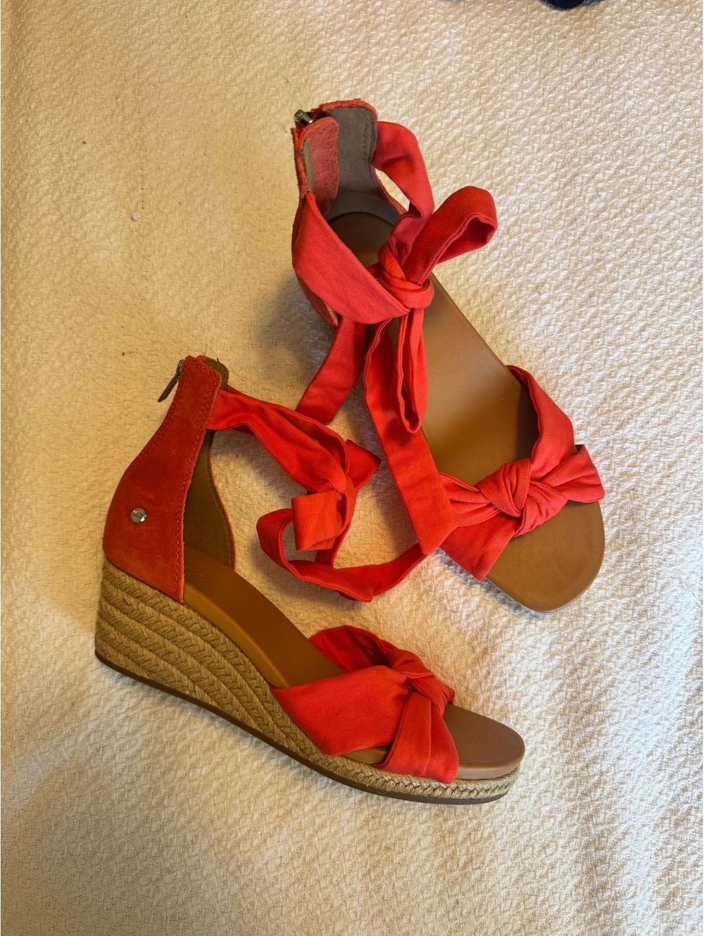 UGG Women's Orange Suede and Fabric Wedge Sandals with Ankle Tie